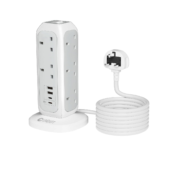 15-Way Tower Extension Lead with 4 USB Ports & 20W USB-C Fast Charger, 2M Cable