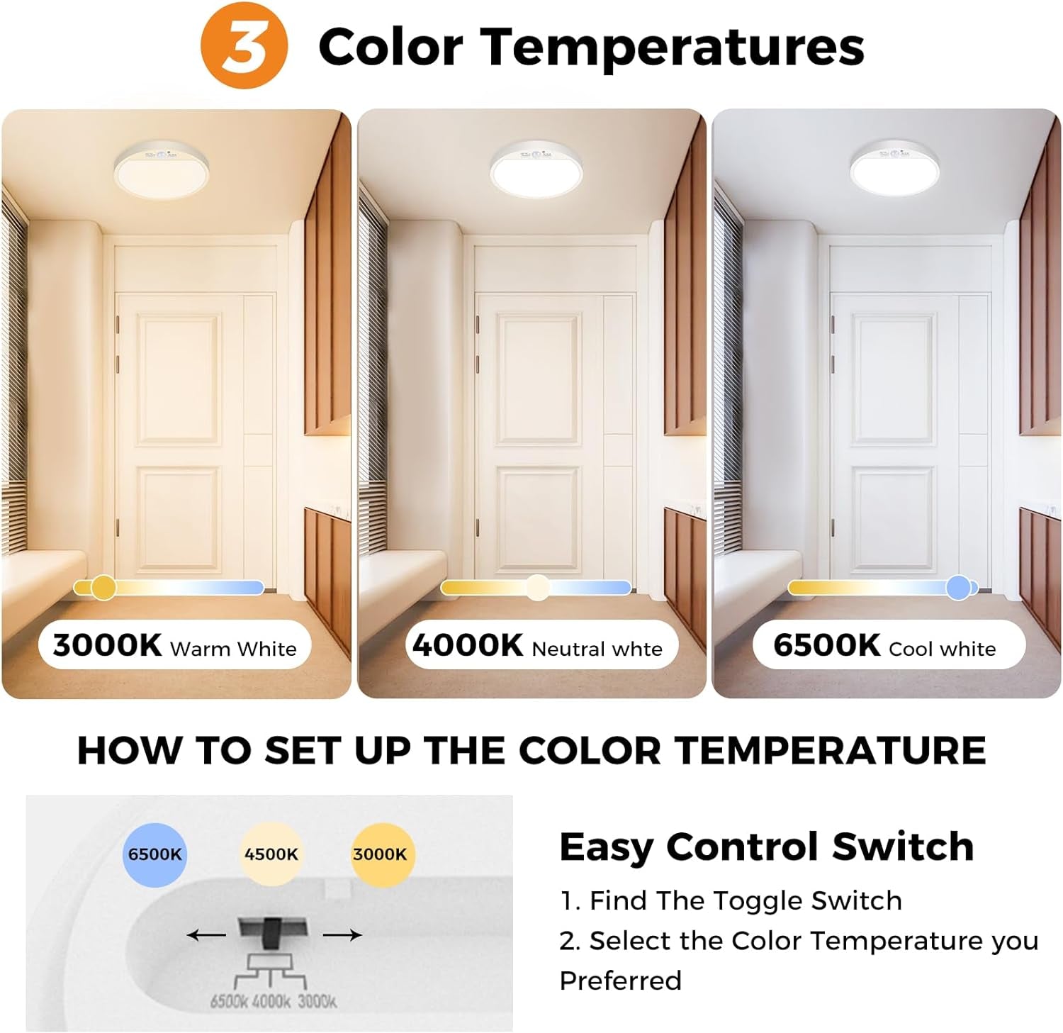 Motion Sensor LED Ceiling Light, 15W, 3 CCT, 1500LM