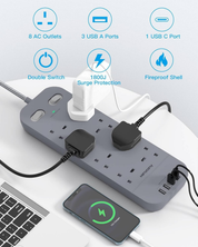 8 Way 5M Extension Lead with Surge Protection & Dual Switches, Grey Power Strip