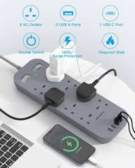 8 Way 5M Extension Lead with Surge Protection & Dual Switches, Grey Power Strip