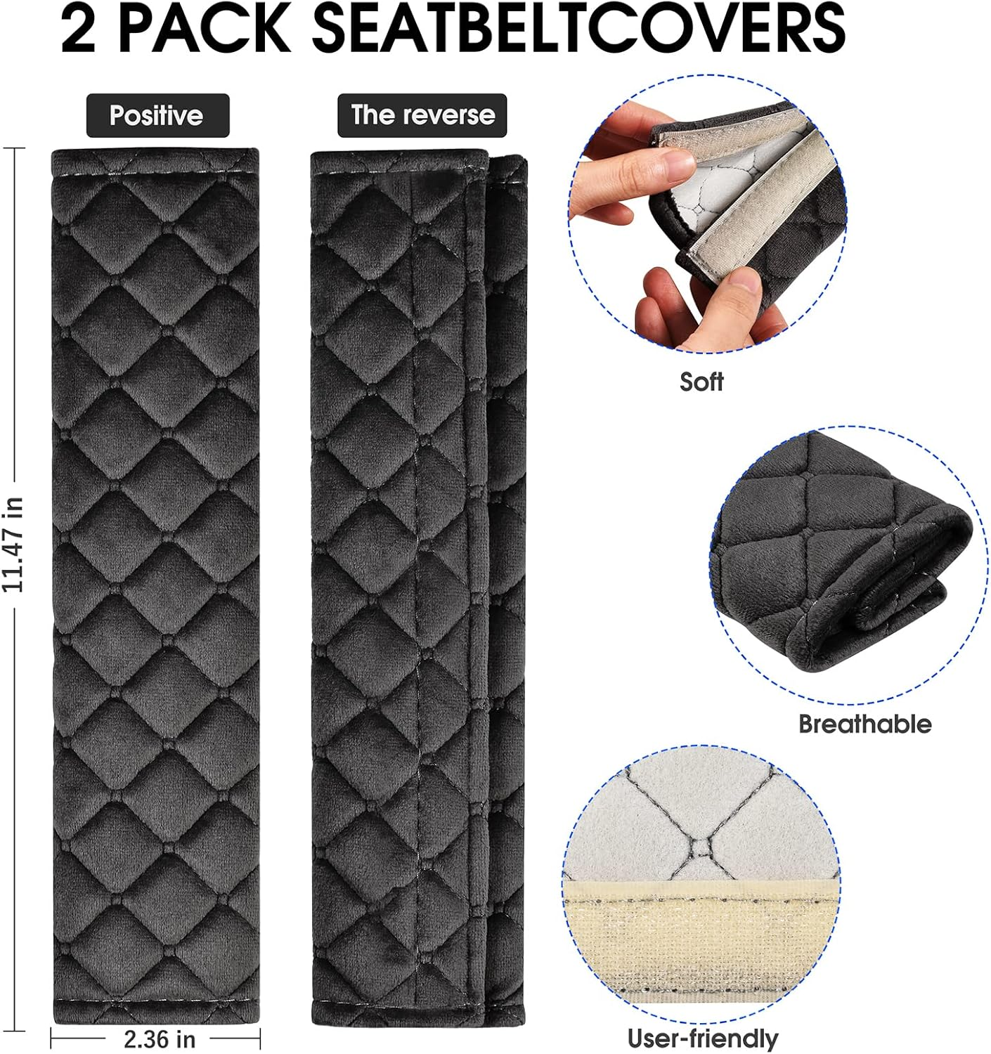 Car Seat Belt Pads – Soft Harness Shoulder Cushions with Hook & Loop Strap (Black, 2-Pack)