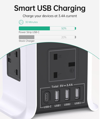 8 Way Tower Extension Lead with 4 USB Ports – 2M Cable, Surge Protected Power Tower