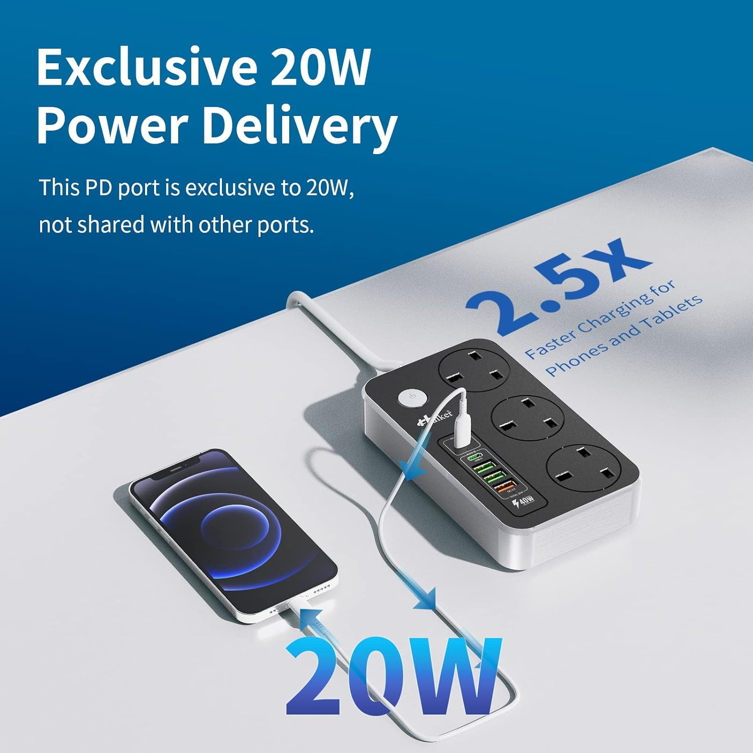 3 Way Extension Lead with USB-C & Fast Charge Ports – 5 USB, 2M Power Strip 3250W