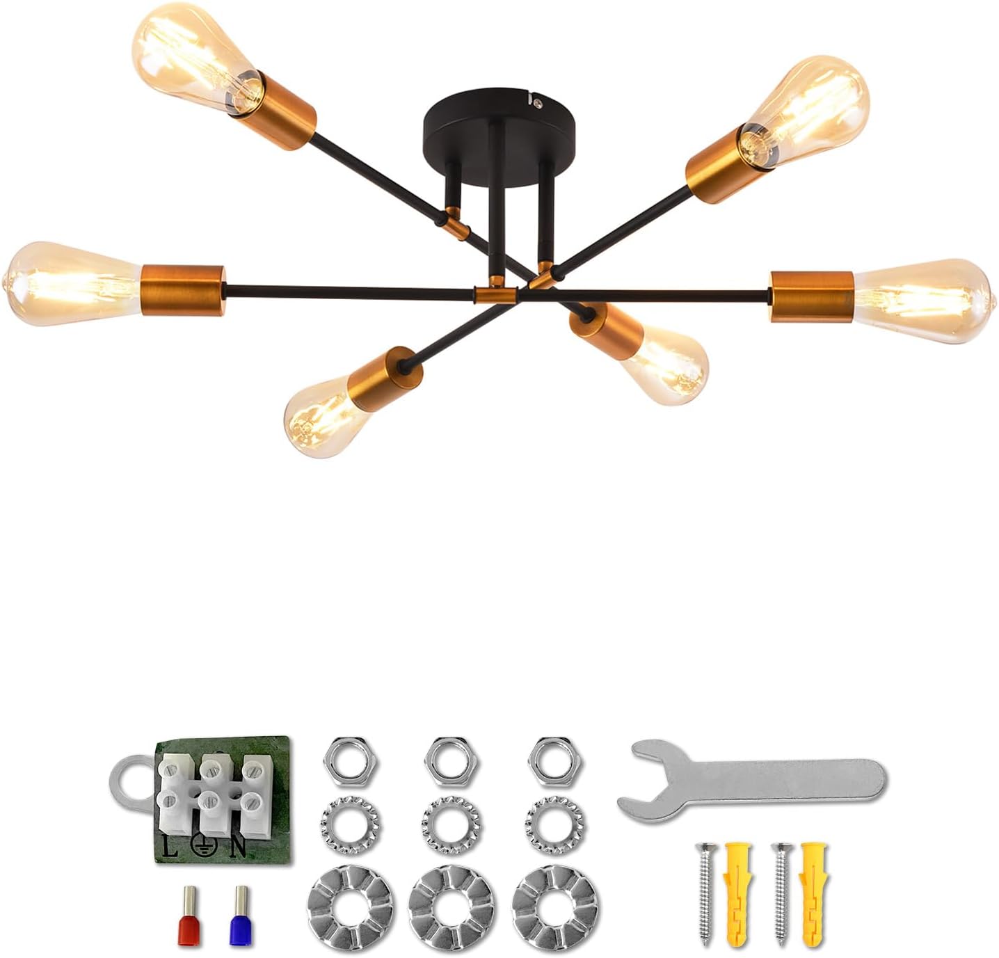 Modern 6-Light Gold Black Sputnik Ceiling Light, E27 Base