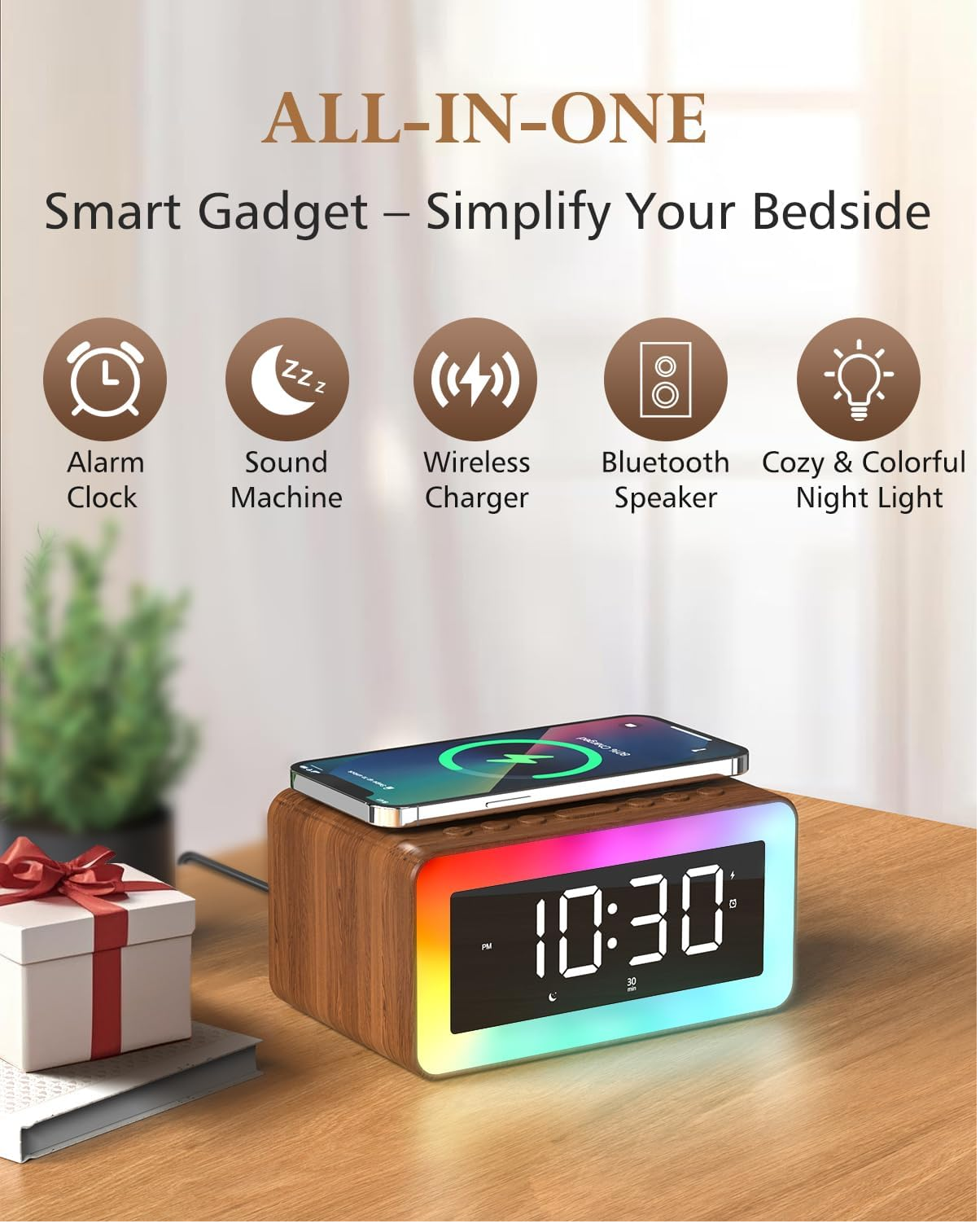 5-in-1 Alarm Clock with Wireless Charger, Bluetooth Speaker & Night Light