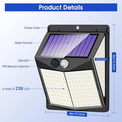 Outdoor Solar Lights, 238 LED Solar Security Lights and 3 Modes, IP65 Waterproof Solar Wall Light (4 Pack)