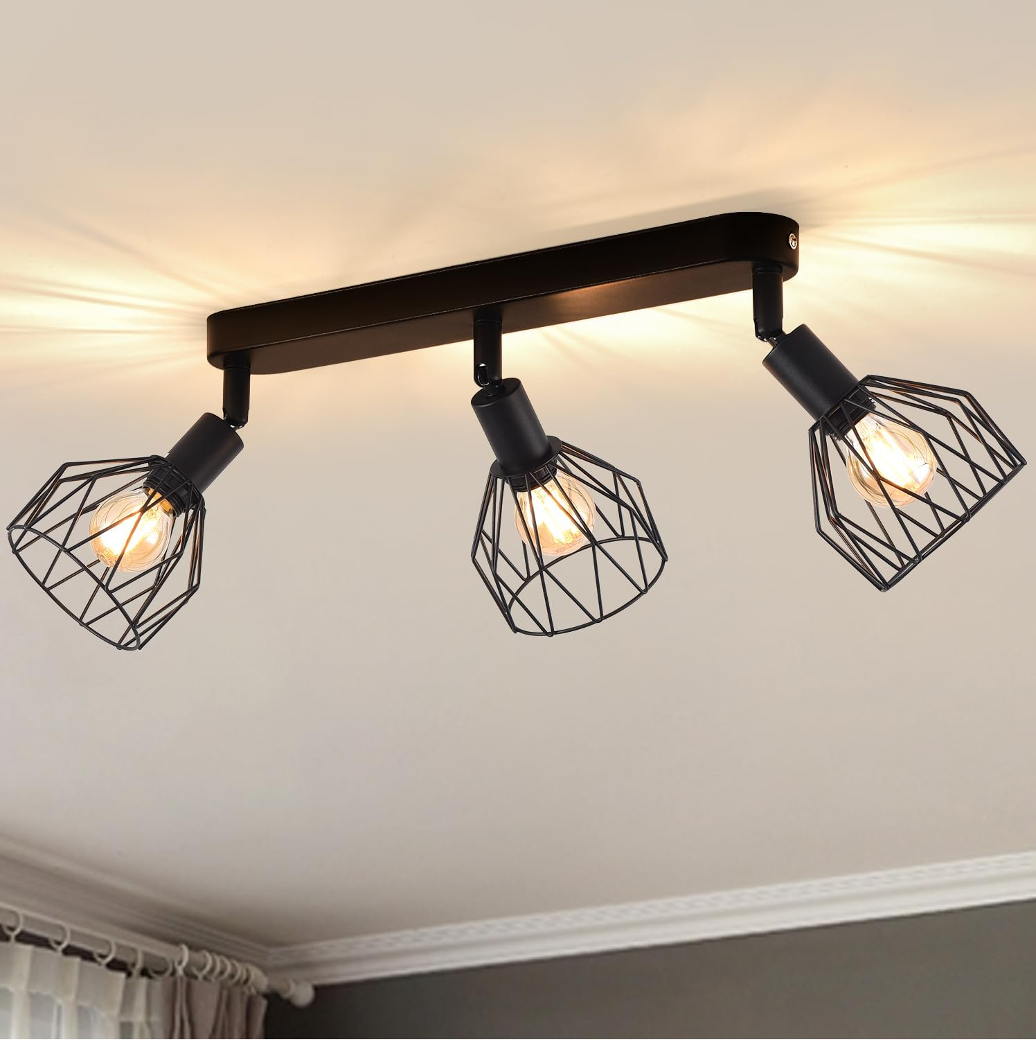 Kitchen Lights Ceiling,4 Way Black Lounge Industrial Wall Lights-Adjustable SpotLights Ceiling Lights Wire Cage with E14 Base, Light Fittings Ceilings