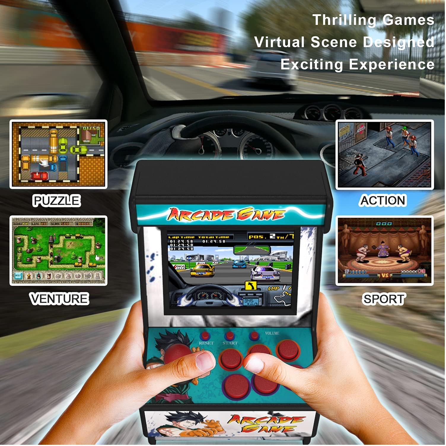 Mini Arcade Machine with 156 Built-In 16-Bit Games, 2.8" Colour Screen & Joystick