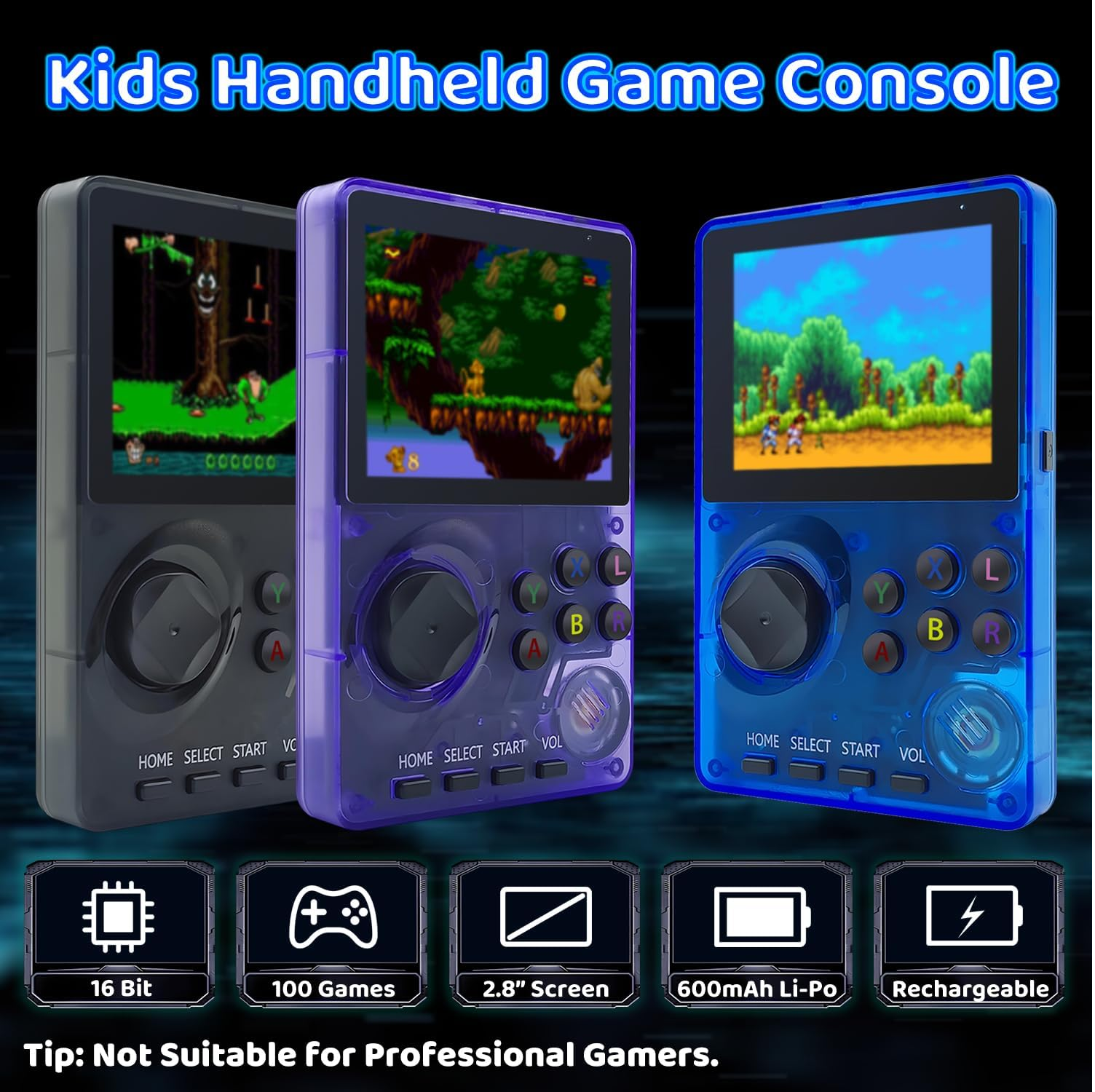 Retro Handheld Game Console with 100 Classic 16-Bit Games, 2.8" Screen, Blue