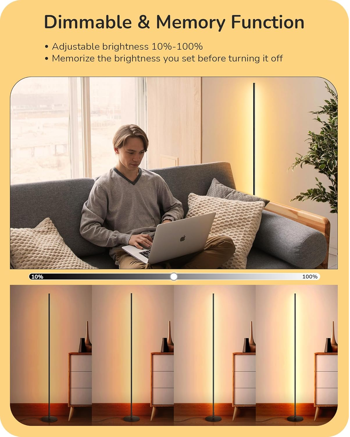 Minimalist LED Floor Lamp 146cm – Stepless Dimmable Tall Light with Foot Switch
