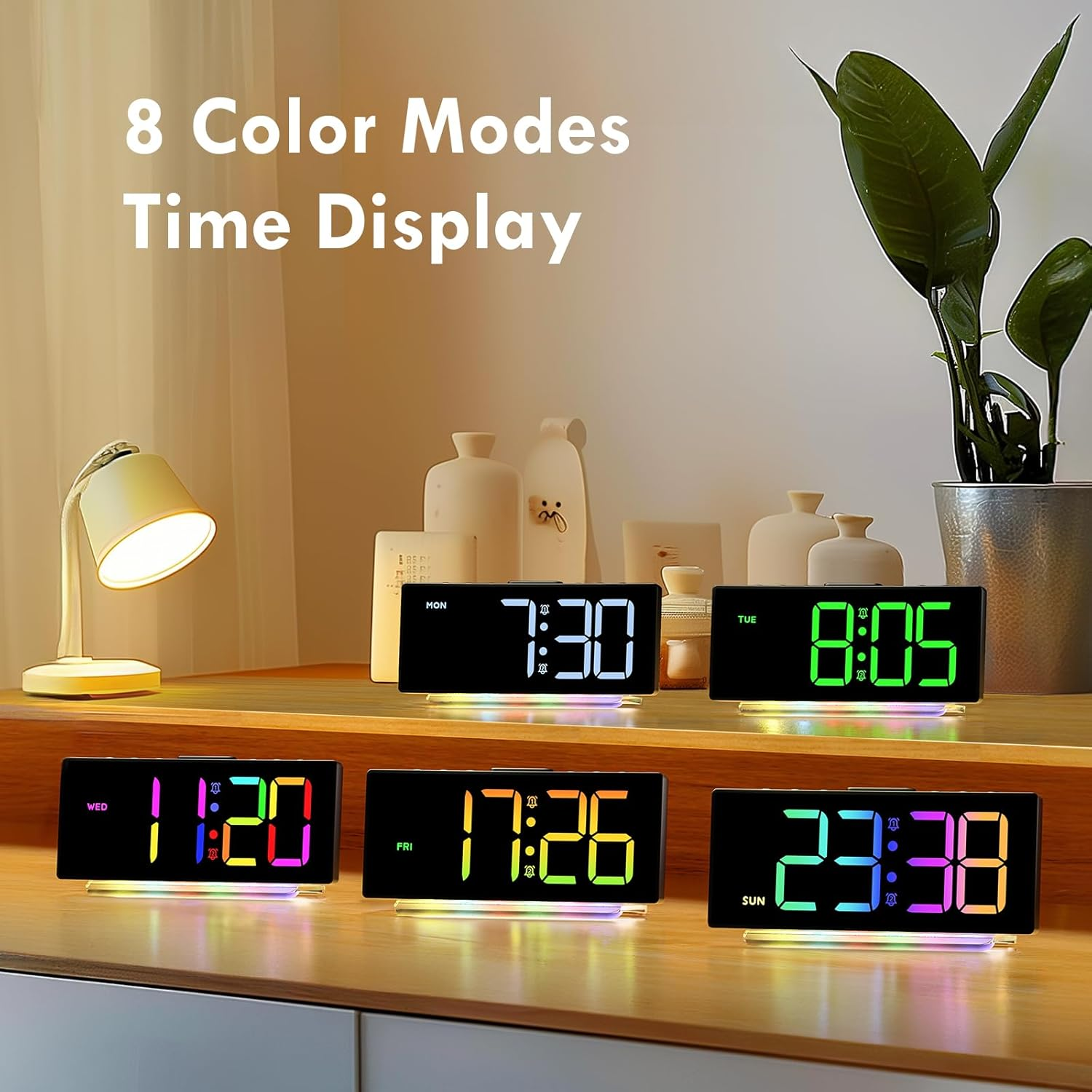 Curved Digital Alarm Clock with RGB Night Light, Snooze & Adjustable Brightness