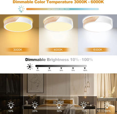 Wooden LED Ceiling Light, Dimmable Modern Fixture with Remote