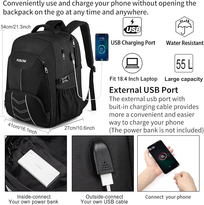 55L Extra Large Laptop Backpack – TSA Travel Rucksack with USB Port, 18.4 Inch