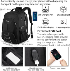 55L Extra Large Laptop Backpack – TSA Travel Rucksack with USB Port, 18.4 Inch