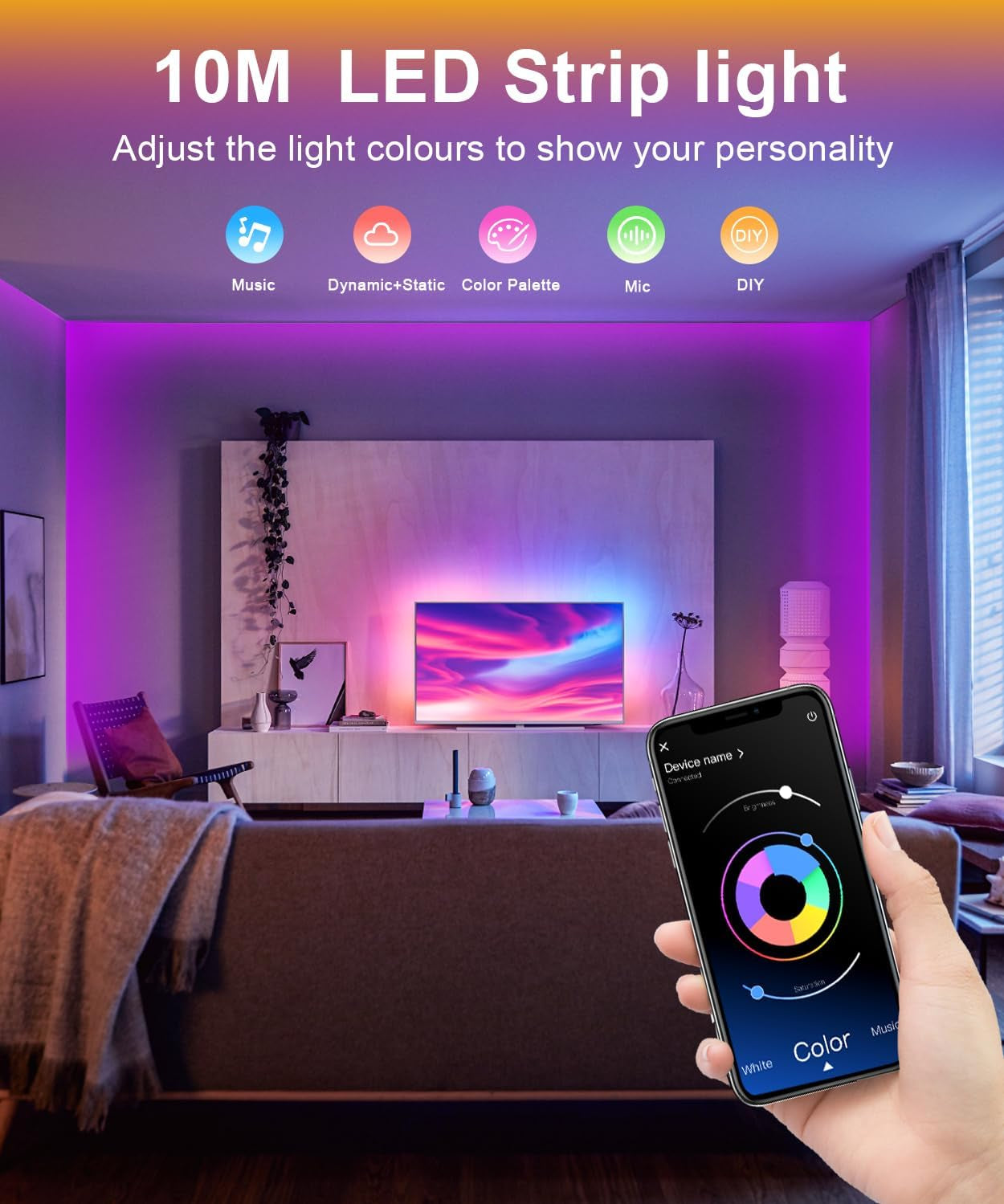 10M RGB LED Strip Lights, Music Sync, Remote & App