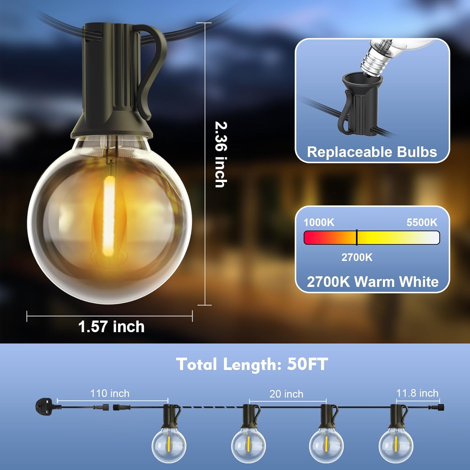 Shatterproof 50Ft LED Outdoor Festoon String Lights