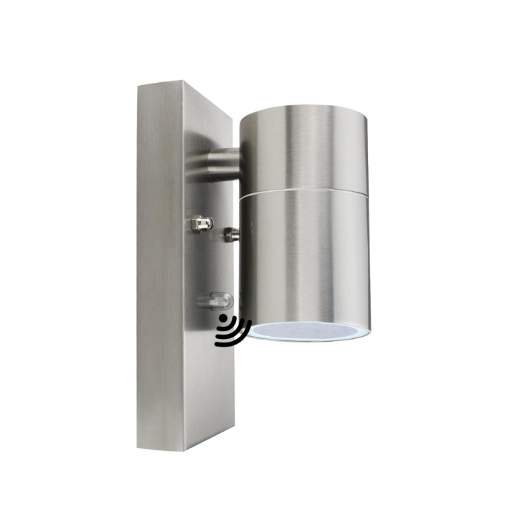 Modern Stainless Steel Outdoor Garden Wall Down Light with PIR Motion Sensor - IP44 Rated - Complete with a 7W LED GU10 Bulb