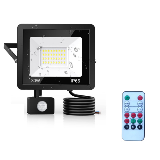30W LED Security Light Outdoor, 3000LM PIR Motion Sensor Floodlight with IR Remote Control, IP65 Waterproof Cool White Security Light for Garden, Garage, Driveway & Yard