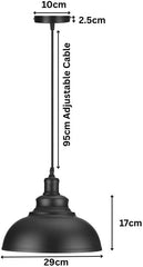 Modern Ceiling Pendant Light with Black Metal Lampshade 29cm, E27 Base & Adjustable Cable – Hanging Light for Kitchen, Bar, Living Room