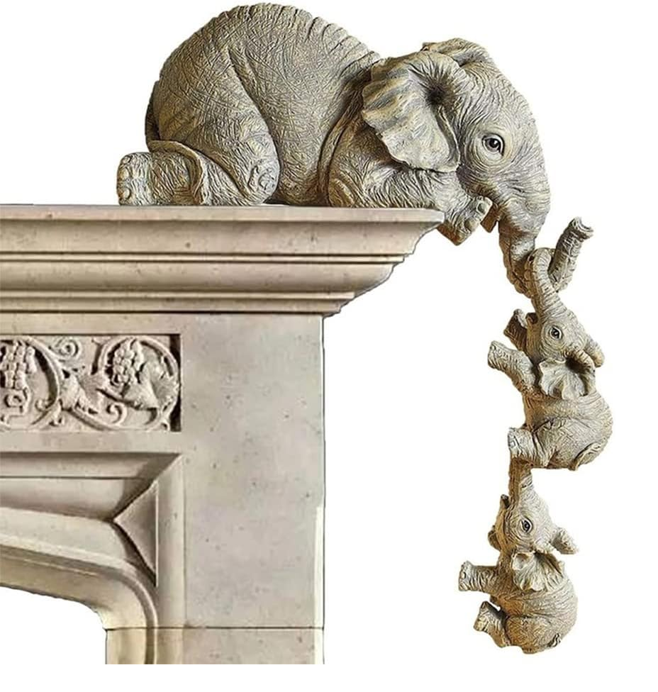 LSLANSOON Hand-Painted Elephant Shelf Sitter – Mother & 2 Baby Resin Figurines for Home Décor & Gifts