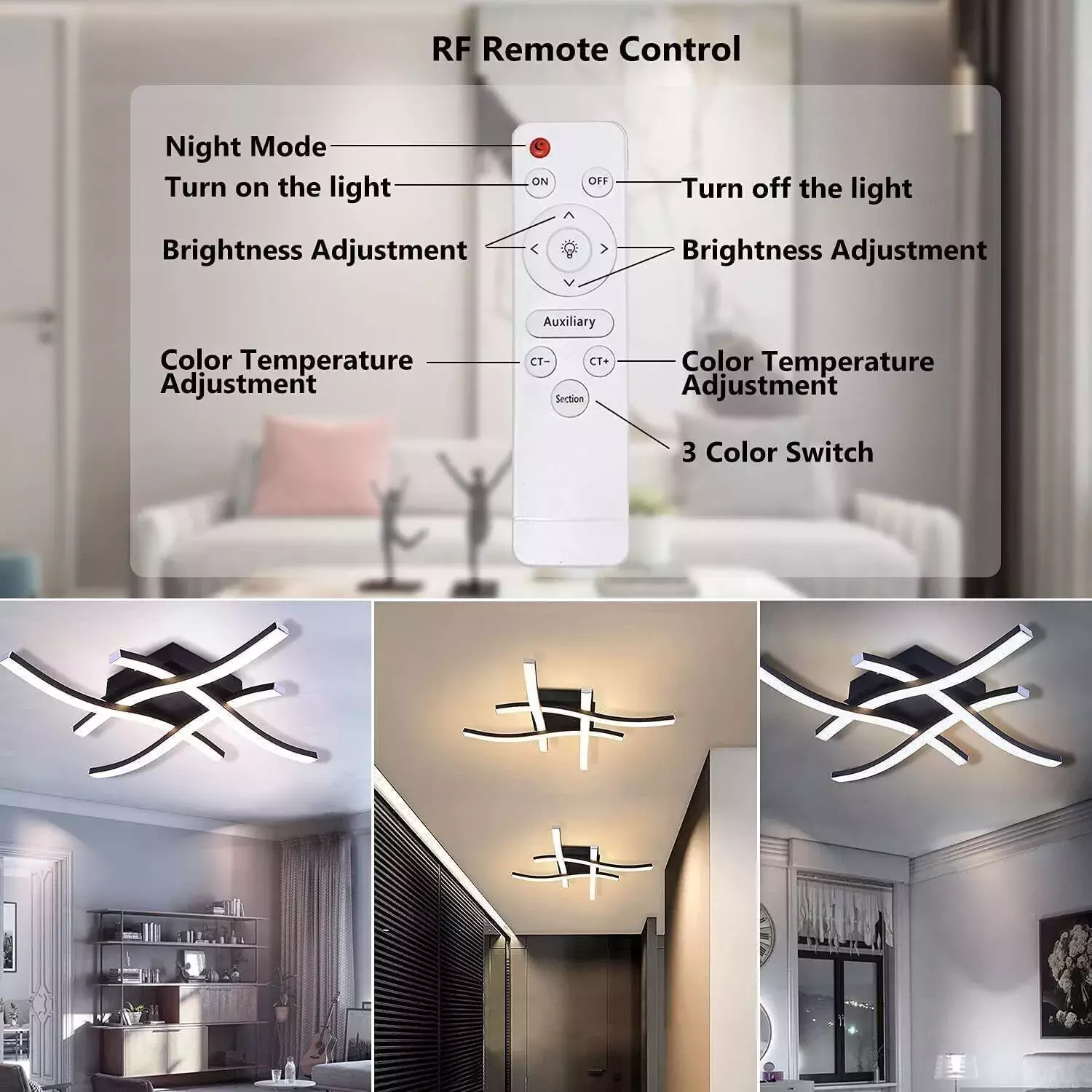 48W LED Ceiling Light – 4 Wave Dimmable Modern Light Fixture for Kitchen, Living Room, Bedroom, and More