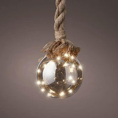 LED Light Up Glass Ball Orb – 12cm Smokey Metallic Grey Globe on 1m Brown Jute Rope with Timer, Perfect for Christmas and Festive Décor