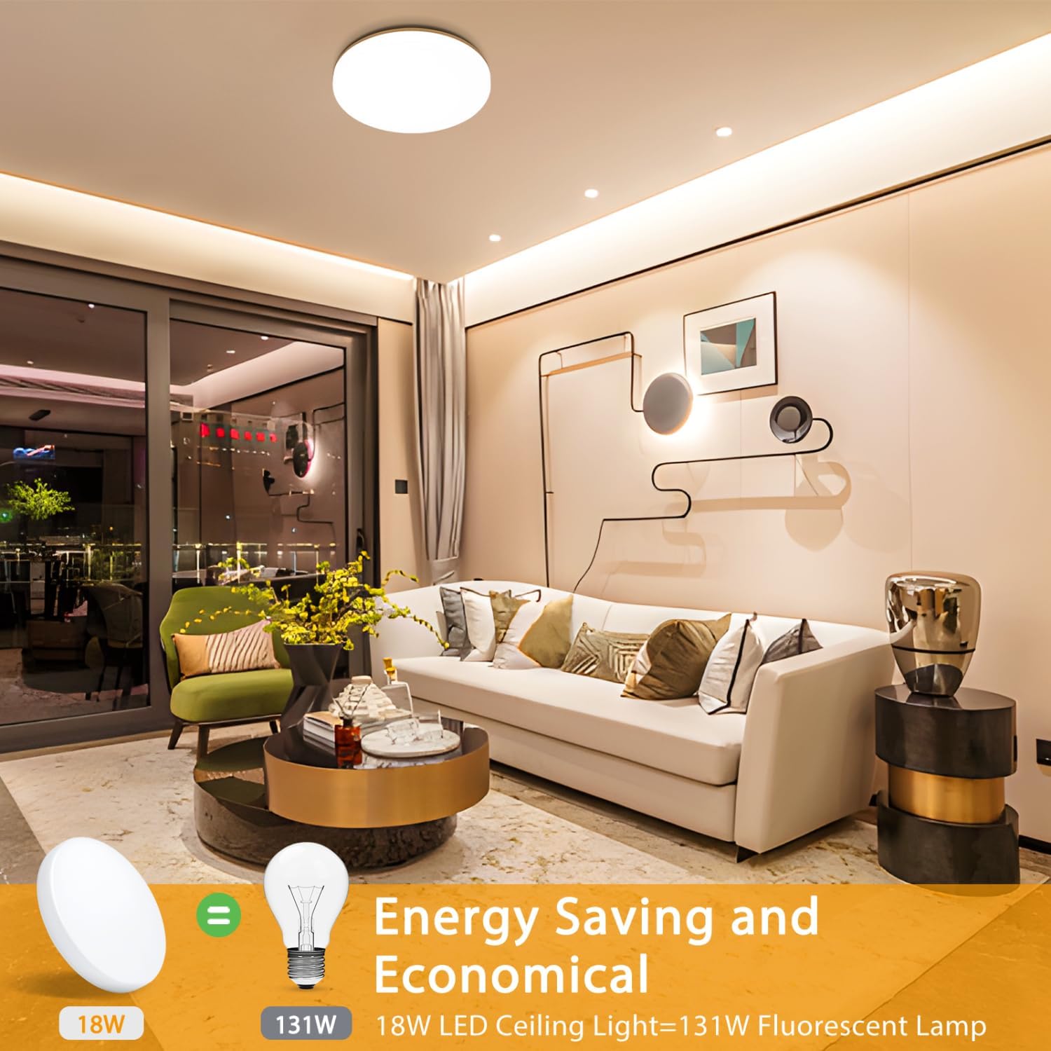 18W  LED Ceiling Light, Waterproof IP54, Warm White 3000K, 200W Incandescent Bulb Equivalent, 2400lm Flush Mount Lighting Fitting