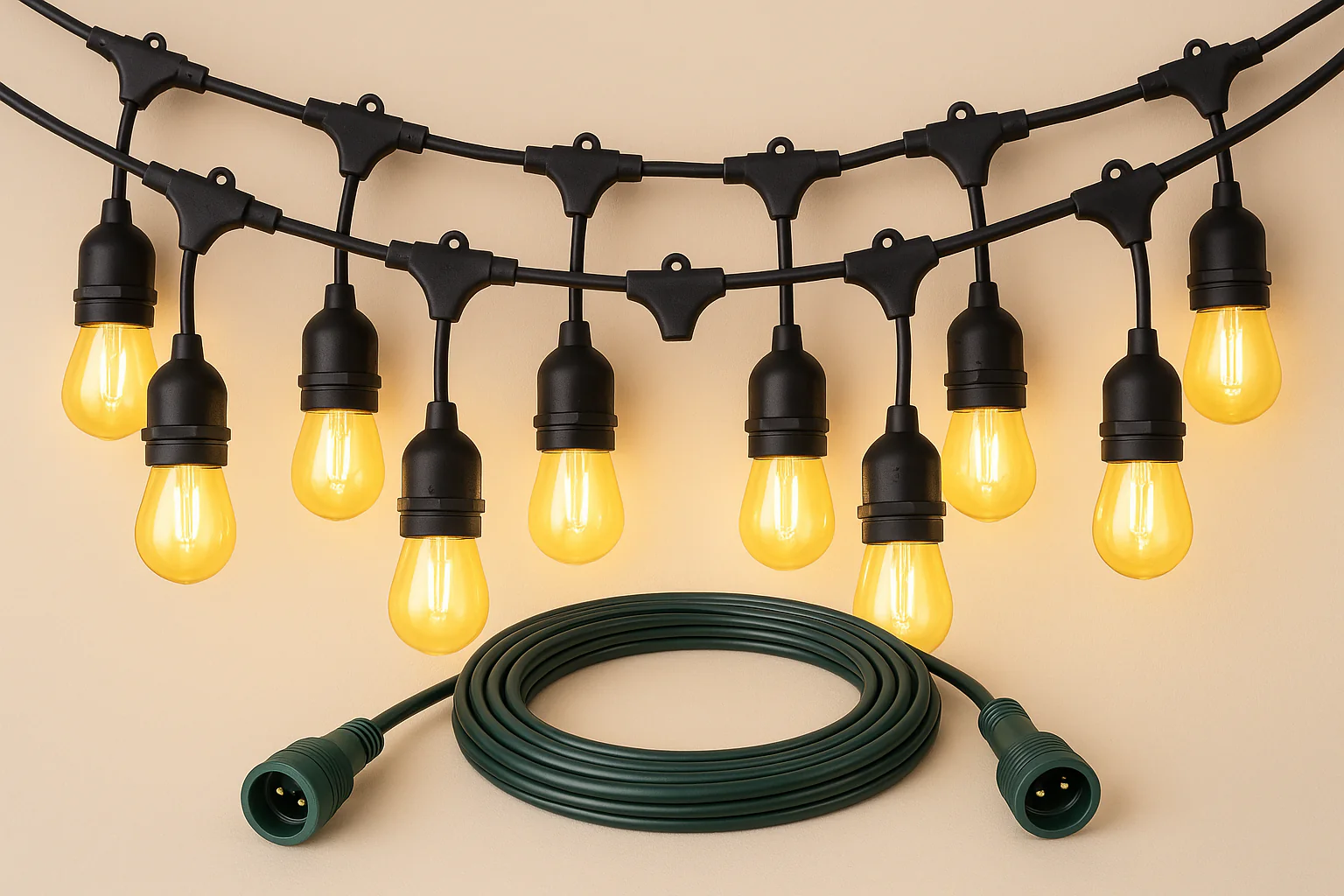 48FT Outdoor LED String Lights, S14 Festoon Lights with 15 E27 Sockets, IP65 Waterproof, 2700K Warm White for Garden, Patio, Party