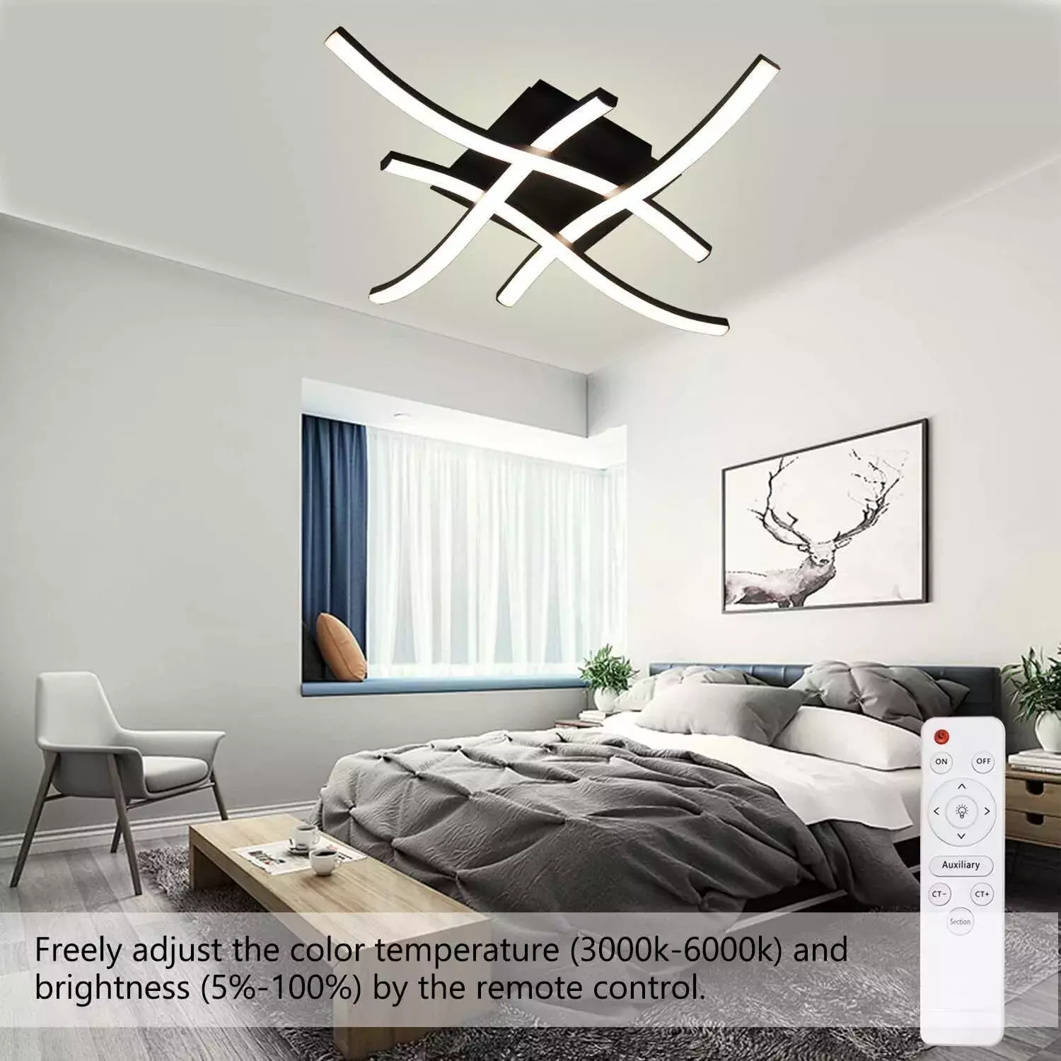 48W LED Ceiling Light – 4 Wave Dimmable Modern Light Fixture for Kitchen, Living Room, Bedroom, and More