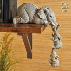 LSLANSOON Hand-Painted Elephant Shelf Sitter – Mother & 2 Baby Resin Figurines for Home Décor & Gifts