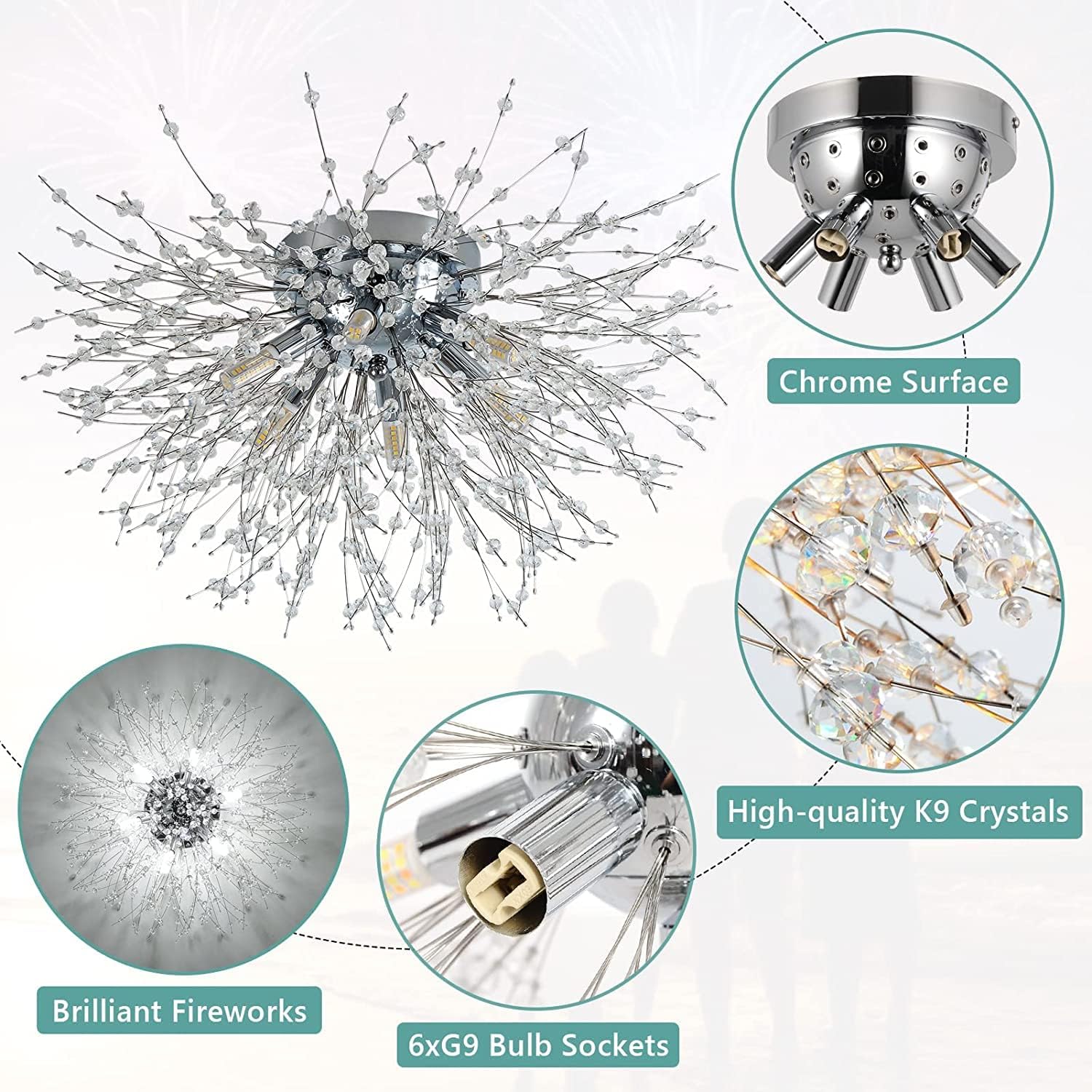 Modern Crystal Firework Ceiling Light – 6 G9 LED Chandelier