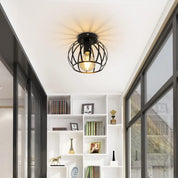 Vintage Semi Flush Ceiling Light – Black Metal Cage Fixture with E27 Holder for Living Room, Kitchen, Bedroom, or Hallway