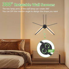 360-degree rotatable wall sconce in a bedroom setting with text explaining its feature.
