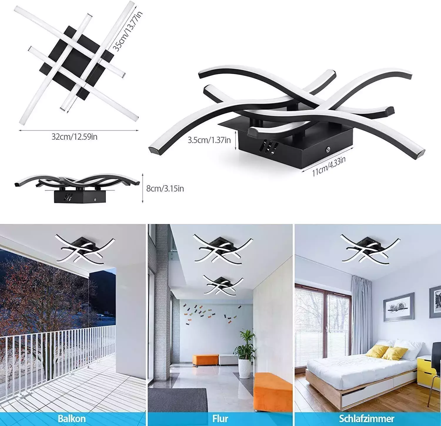 48W LED Ceiling Light – 4 Wave Dimmable Modern Light Fixture for Kitchen, Living Room, Bedroom, and More