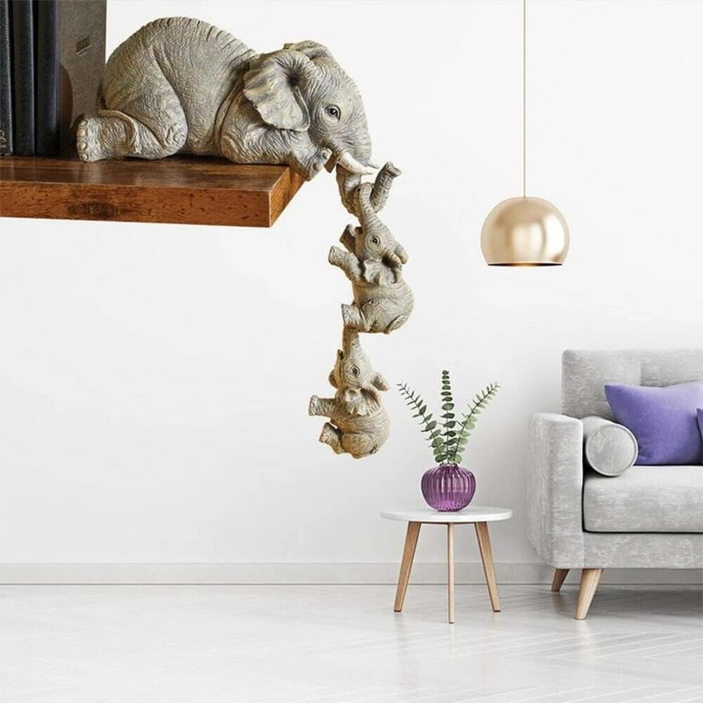 LSLANSOON Hand-Painted Elephant Shelf Sitter – Mother & 2 Baby Resin Figurines for Home Décor & Gifts