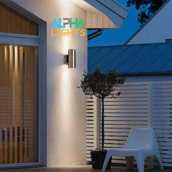Modern Outdoor Up Down Wall Light – Stainless Steel, IP65 Waterproof, Mains Powered Exterior Sconce for Porch, Patio, or Garage
