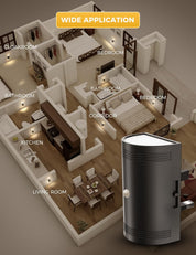 3D floor plan of a house with labeled rooms and a black cylindrical device labeled 'Wide Application' on a white background.