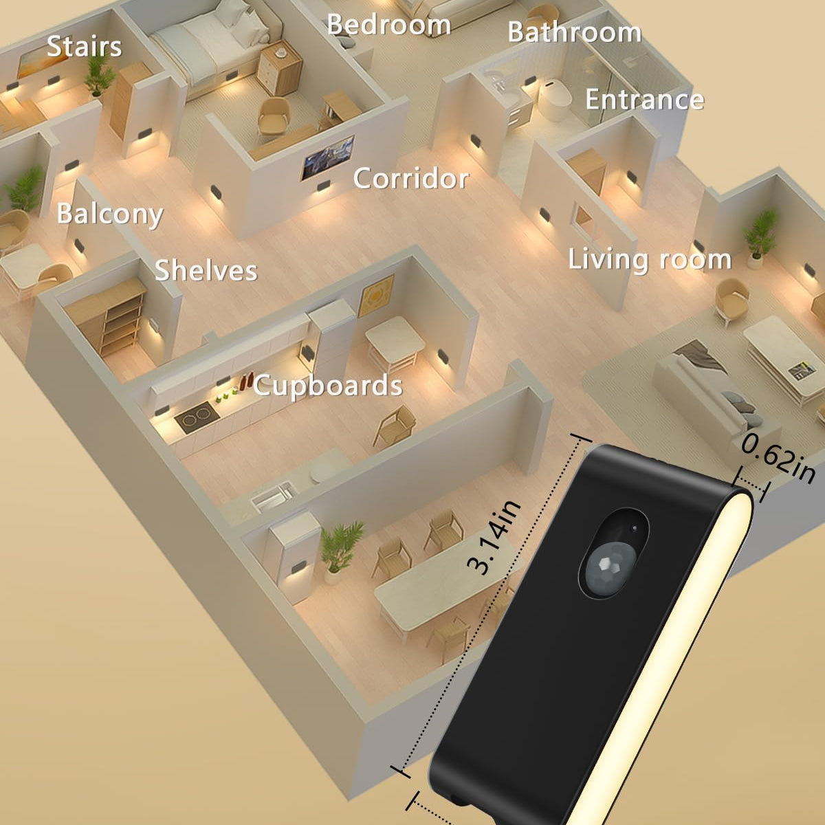 3D floor plan of a house with labeled rooms and a smartphone for scale.