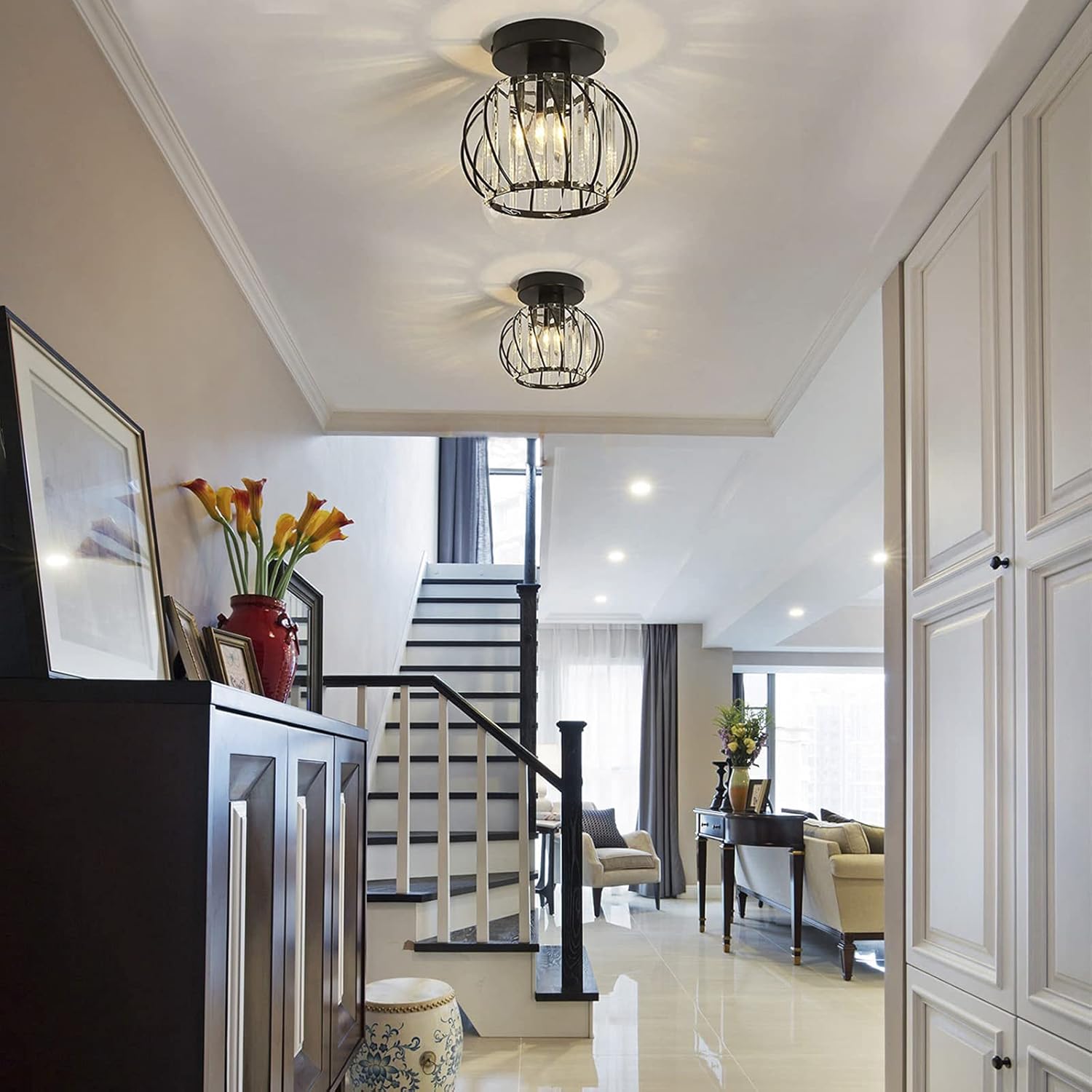Small Crystal Flush Mount Ceiling Light with Black Shade