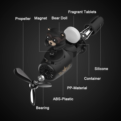 Bear Pilot Retro Airplane Car Air Freshener – Rotating Propeller Vent Clip with Fragrance Tablets (Black)