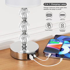 Crystal Touch Bedside Lamp with USB-C & Dimmable Light