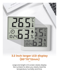 Digital Thermo-Hygrometer with Clock, Temperature & Humidity Monitor (White)