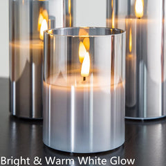 Silver Grey Glass Flameless Flickering Candles with Remote, 3 Pack Realistic LED Fake Candles