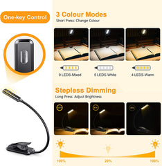 Gritin Reading Light 9 LED Rechargeable Book Lamp | 3 Eye Protecting Modes (Warm & Cool White) Portable Clip Light with Stepless Dimming, Long Battery Life, 4-Level Power Indicator & Flexible Clip