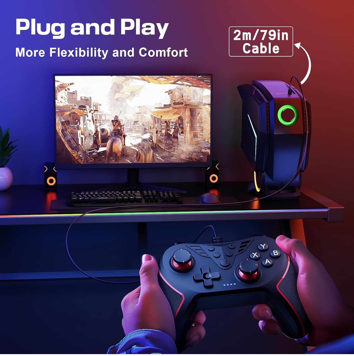Wired Game Controller for PC with Paddles, Vibration & Mappable Buttons – Black