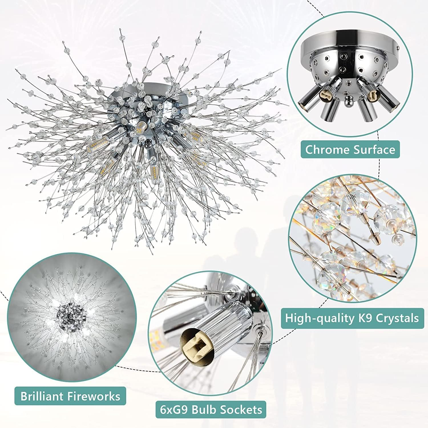 Modern Fireworks Crystal Chandelier – Flush Mount Ceiling Light with K9 Crystals and 6 G9 LEDs for Living Rooms, Bedrooms, and Hallways