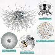 Modern Fireworks Crystal Chandelier – Flush Mount Ceiling Light with K9 Crystals and 6 G9 LEDs for Living Rooms, Bedrooms, and Hallways