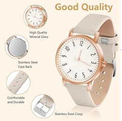 Women’s Leather Quartz Watch with White Dial, Elegant Analog Fashion Watch
