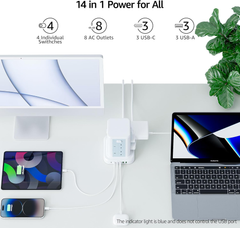 8-Way Tower Extension Lead with 6 USB Ports, 13A 3250W Multi Plug Power Strip