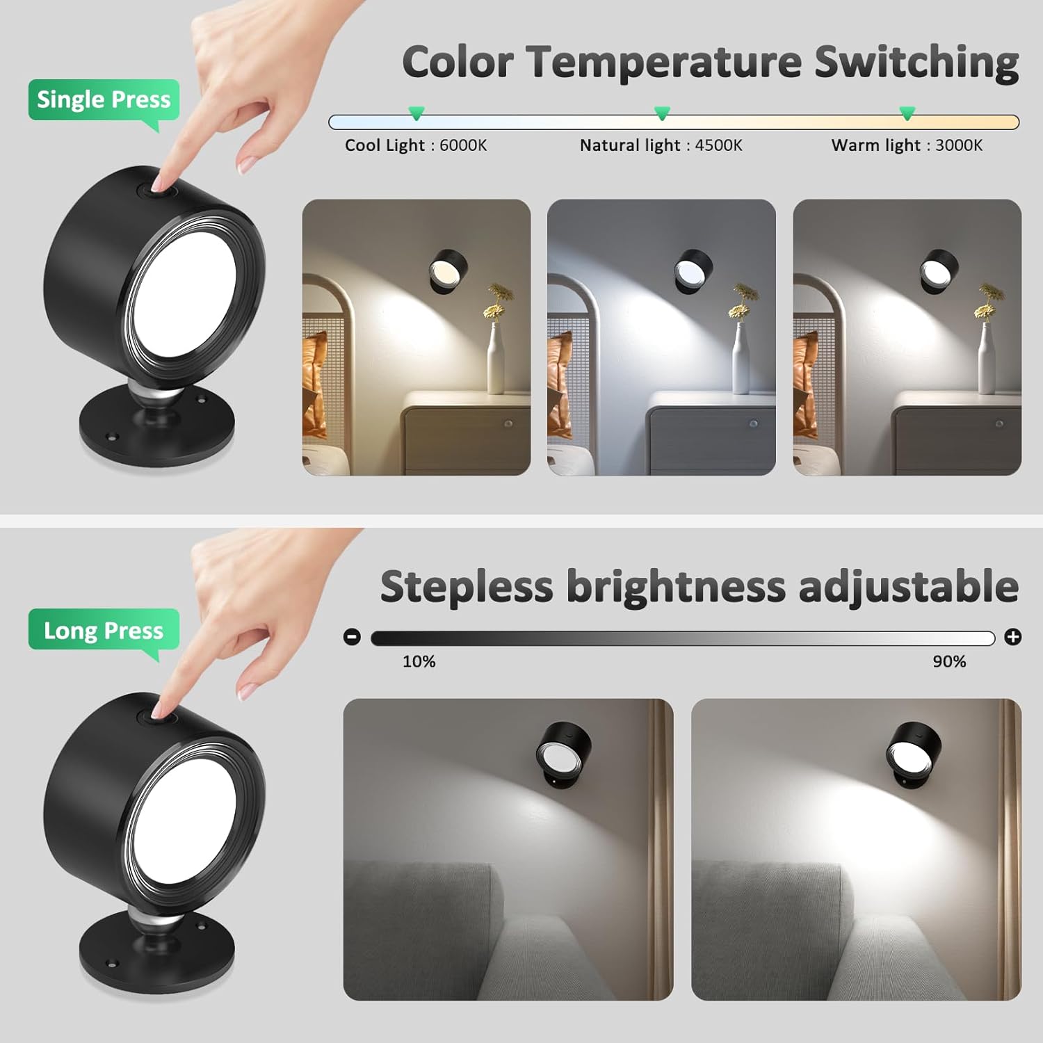Rechargeable LED Wall Lights – Remote, Dimmable, 360° Rotation